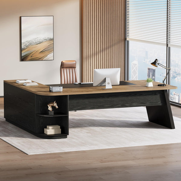 L-Shaped Executive Desk with Cabinet and Storage Shelves