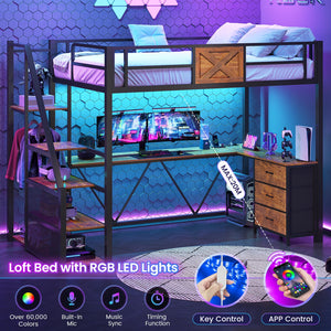 Twin Loft Bed with L-Shaped Desk, Wardrobe & Storage Stairs