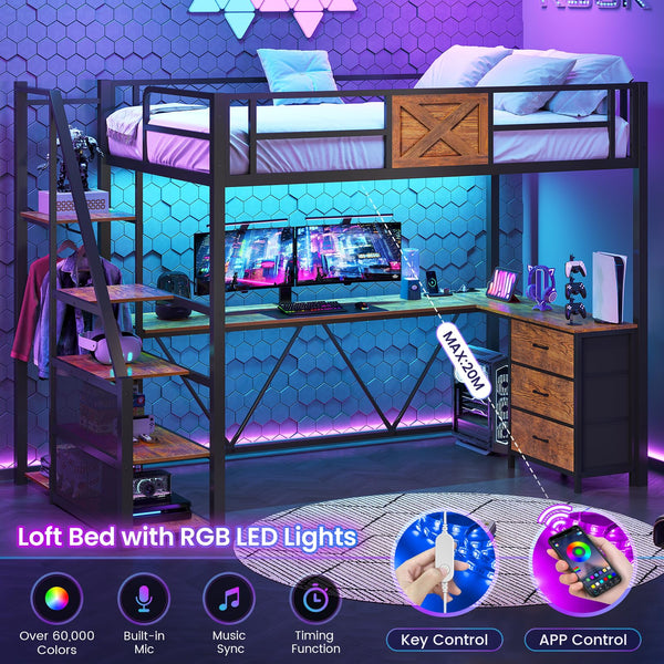 Twin Loft Bed with L-Shaped Desk, Wardrobe & Storage Stairs
