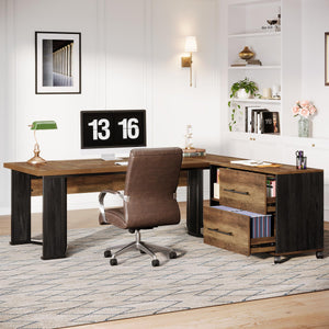 L-Shaped Executive Desk with Mobile File Cabinet and Storage Drawers
