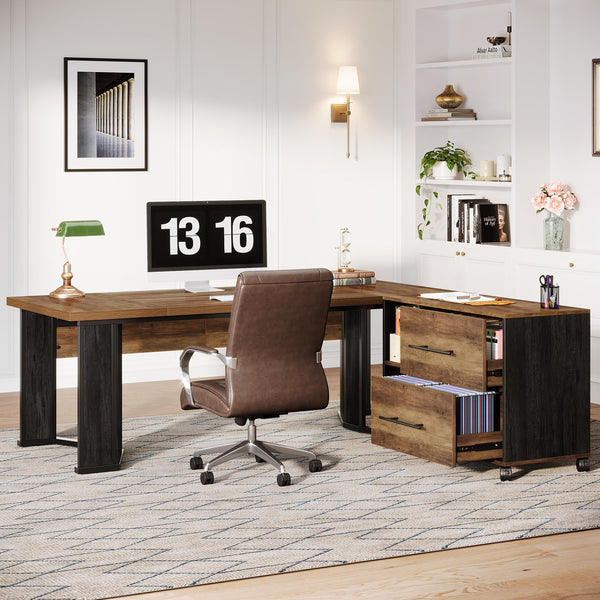 L-Shaped Executive Desk with Mobile File Cabinet and Storage Drawers