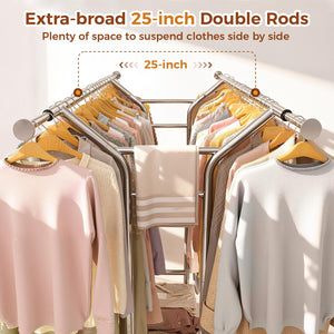 Heavy Duty Double Rod Clothes Rack with Shelves & Lockable Wheels