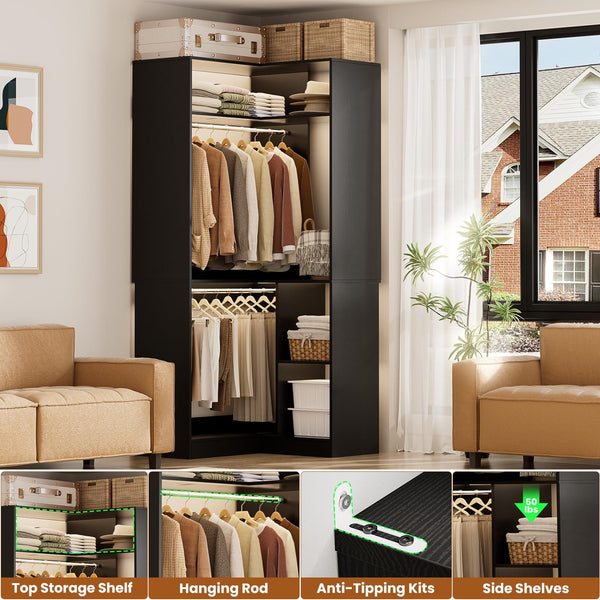 L-Shaped Corner Closet System with Shelves & Hanging Rods
