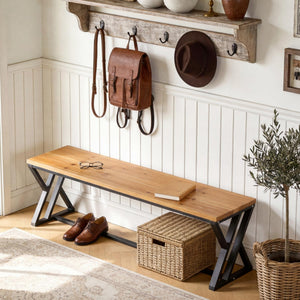 55" Solid Wood Entryway Bench with Metal Legs