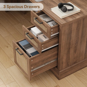 Farmhouse L-Shaped Corner Desk – 3 Drawers, 2 Cabinets & Built-In Power Outlets