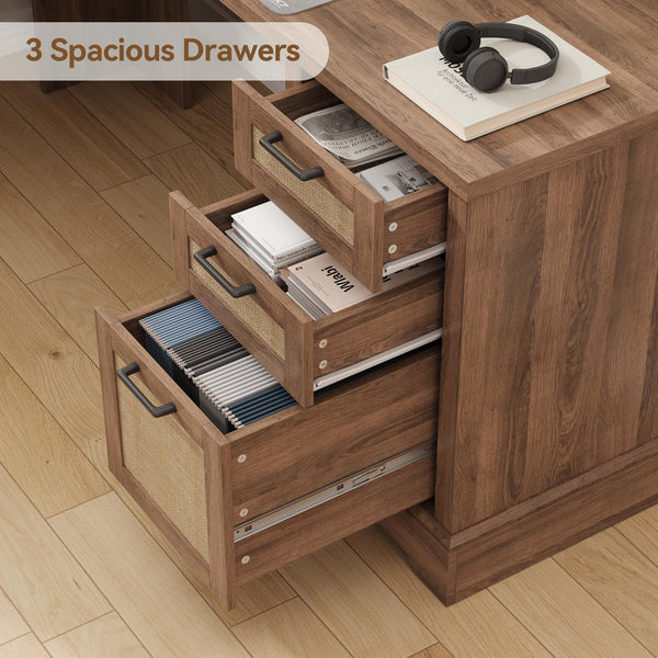 Farmhouse L-Shaped Corner Desk – 3 Drawers, 2 Cabinets & Built-In Power Outlets