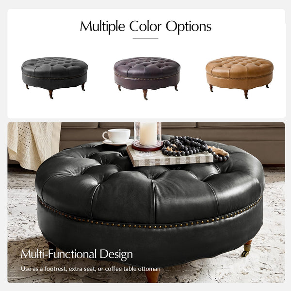 40" Round Leather Ottoman Coffee Table