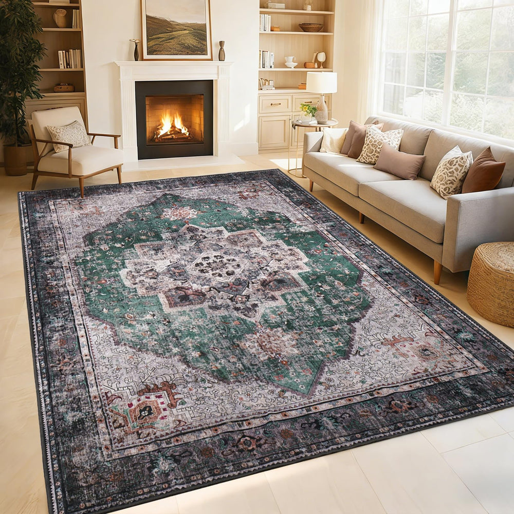 6x9 Vintage Persian Area Rug – Floral Medallion Washable Carpet
