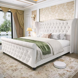 Upholstered Sleigh Bed Frame with Wingback Headboard