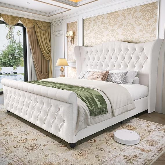 Upholstered Sleigh Bed Frame with Wingback Headboard