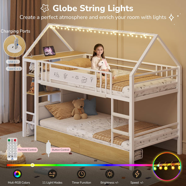 Twin Low Bunk Bed with Storage Drawers & House Design