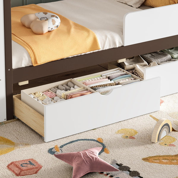 Twin Size House Platform Bed with Storage Drawers, Wardrobe & Shelves