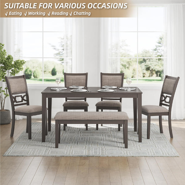6-Piece Transitional Dining Table Set with Bench and Upholstered Chairs, Seats 6