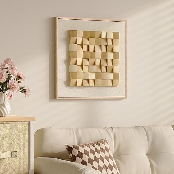3D Solid Wood Block Wall Art – Geometric Minimalist Square Panel