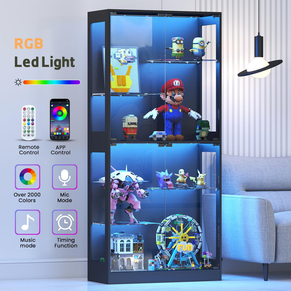 69-Inch Glass Display Cabinet with RGB Lighting & Adjustable Shelves