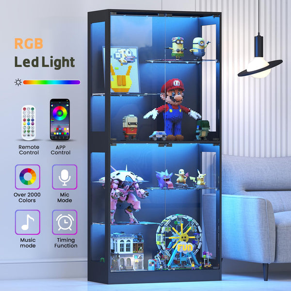 69-Inch Glass Display Cabinet with RGB Lighting & Adjustable Shelves