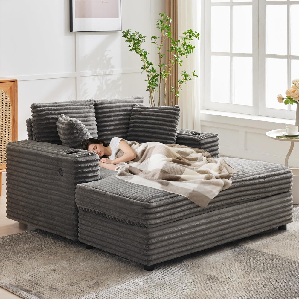 60-Inch Oversized Chaise Lounge Sofa with Charging Station & Cup Holders