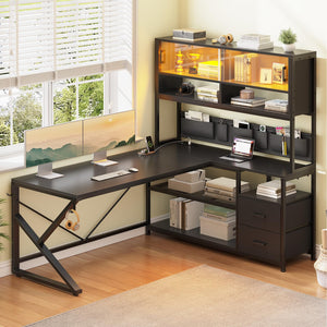 L-Shaped Gaming Desk with Bookshelf, Glass Cabinet, LED Lights, Drawers & Power Strip