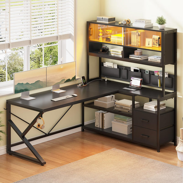 L-Shaped Gaming Desk with Bookshelf, Glass Cabinet, LED Lights, Drawers & Power Strip