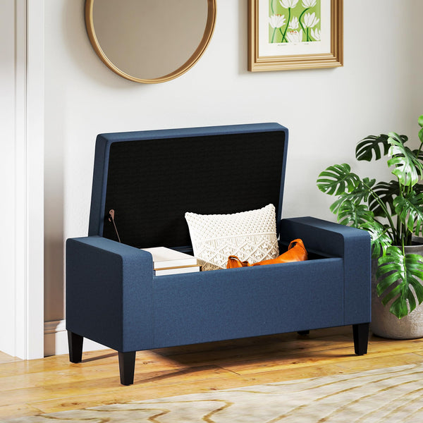 Storage Ottoman Bench with Lift Top & Rubberwood Legs – Linen Upholstered, 330 lb Capacity