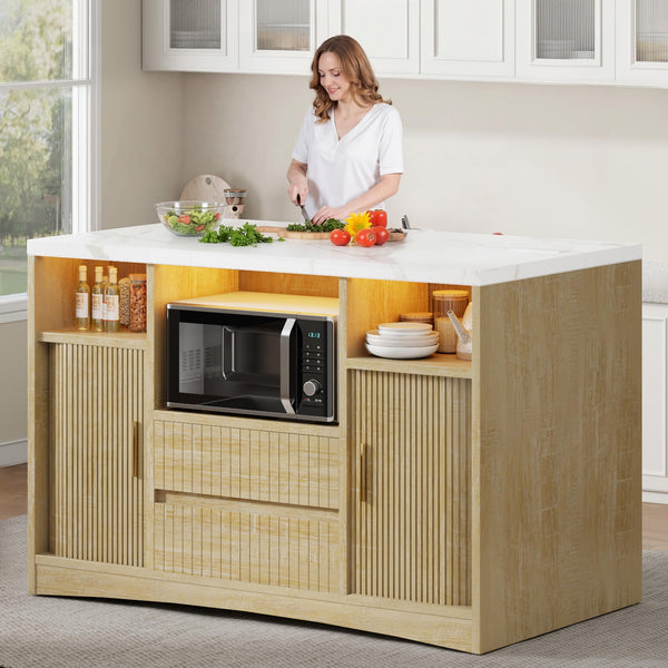 Rolling Kitchen Island with Storage, Power Outlet & LED Light