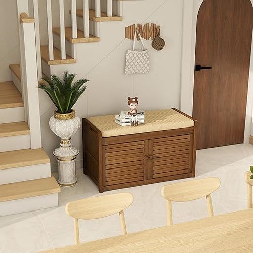 Bamboo Shoe Storage Bench with Padded Seat & Louvered Doors