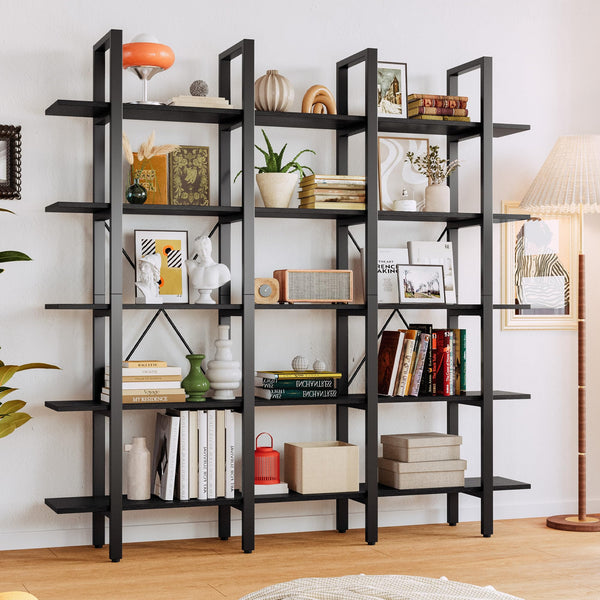 Triple Wide 5-Tier Open Bookshelf with Back Fence