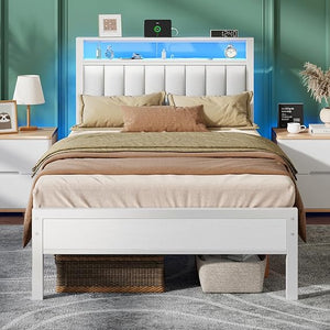 LED Bed Frame with Charging Station & Storage Headboard
