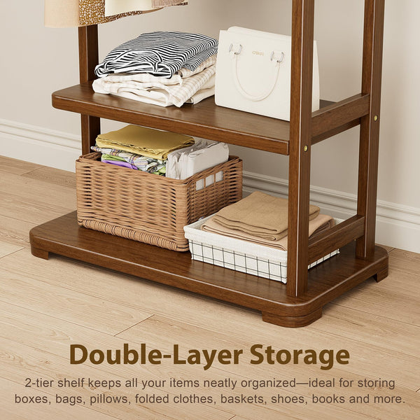 Solid Wood Coat Rack with 2 Shelves & 4 Hooks