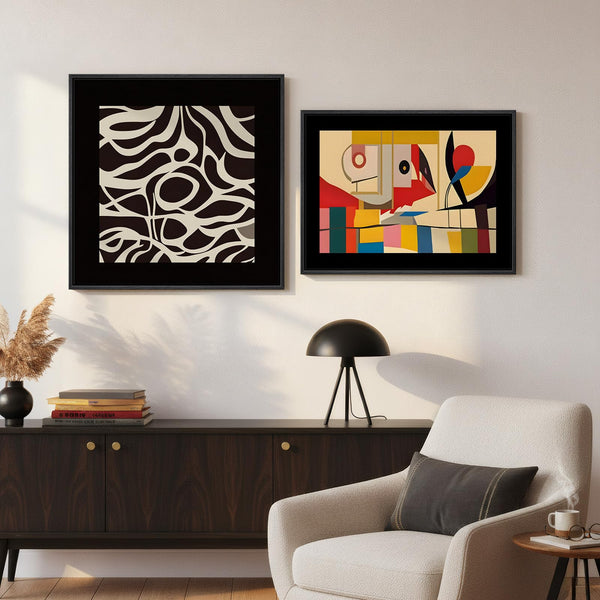 Abstract Canvas Wall Art Set of 2 – Framed Geometric & Line Prints, 24x24 & 24x18 In