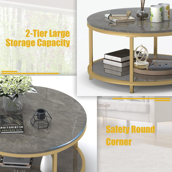 Round Coffee Table with Open Shelf, 33.5" Faux Marble Top, Gold Metal Legs