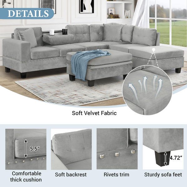 L-Shaped Sectional Sofa with Storage Ottoman & Reversible Chaise