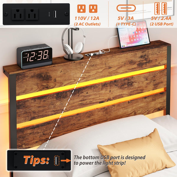 Twin Bed Frame with LED Lights & Charging Station