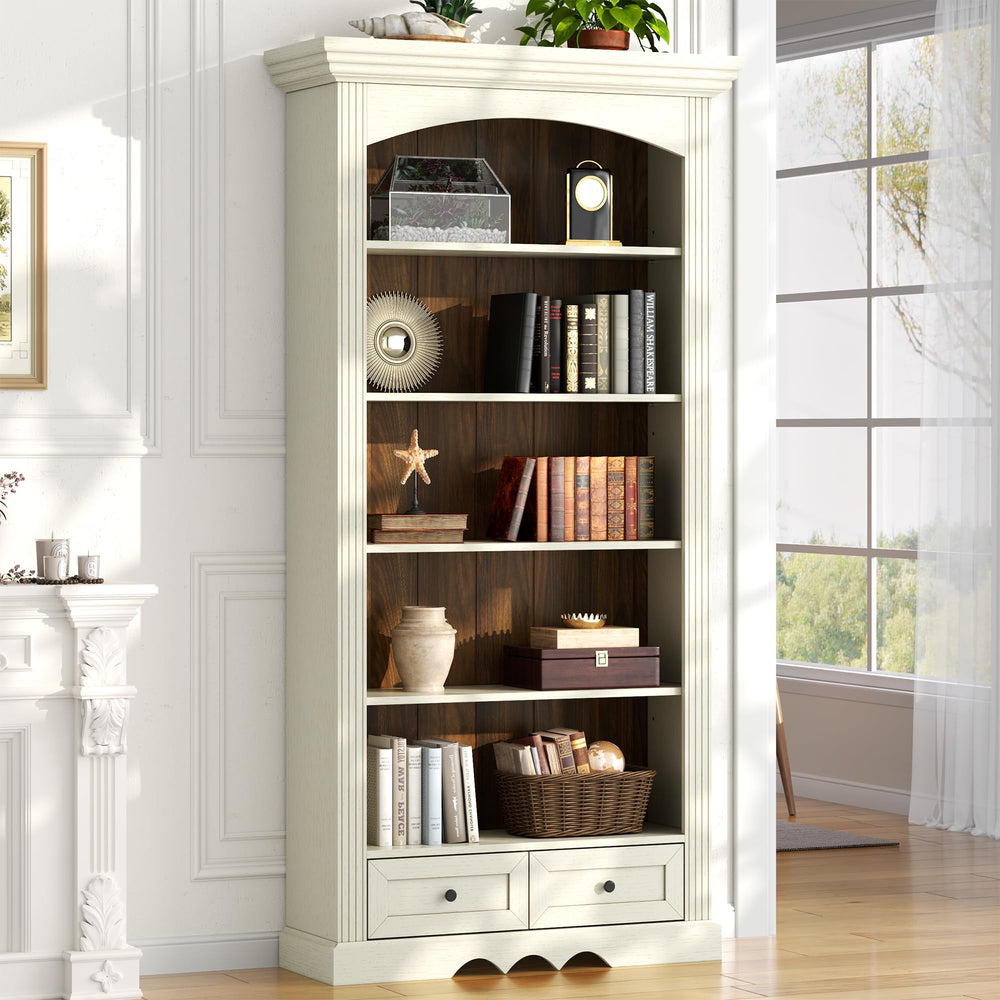 71" Arched Bookcase with Drawers & Adjustable Shelves