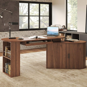 L-Shaped Rotating Computer Desk with Storage Cabinet, Keyboard Tray & Power Outlet – 60 Inch