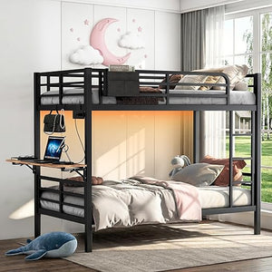 Metal Bunk Bed with Foldable Desk, LED Lights & Charging Station