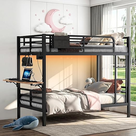 Metal Bunk Bed with Foldable Desk, LED Lights & Charging Station