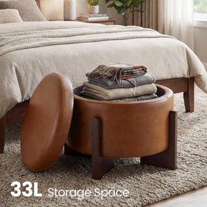 Divanus Faux Leather Round Ottoman, 22 Inch Storage Ottoman,Multi-Functional Footrest for Living Room & Bedroom,Apartments (Brown, Round)