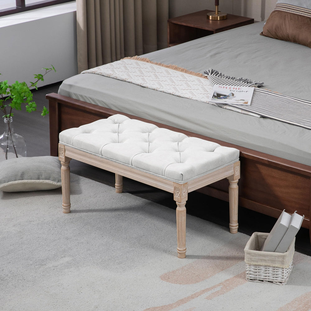French Vintage Upholstered Bench – Button Tufted, Cream White