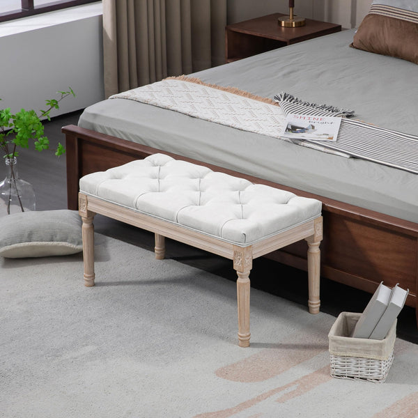 French Vintage Upholstered Bench – Button Tufted, Cream White