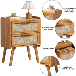 Boho Rattan Nightstand with 2 Drawers & Solid Wood Legs