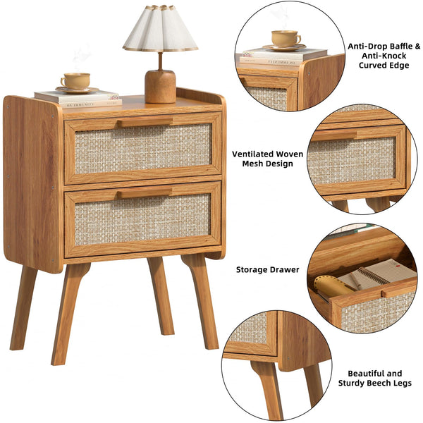Boho Rattan Nightstand with 2 Drawers & Solid Wood Legs