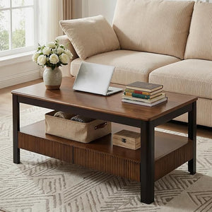 Mid-Century Solid Wood Coffee Table with 2 Drawers & Open Shelf