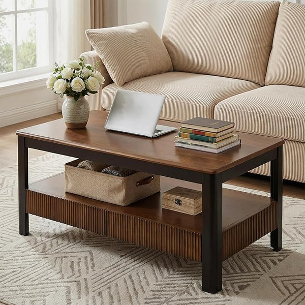 Mid-Century Solid Wood Coffee Table with 2 Drawers & Open Shelf