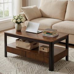 Mid-Century Solid Wood Fluted Coffee Table with Drawers & Open Shelf