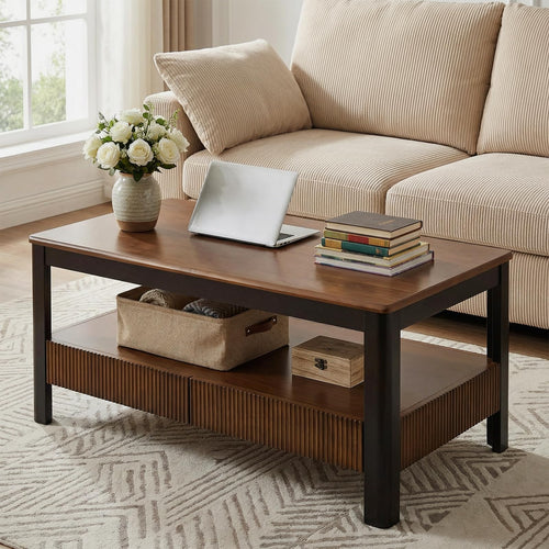 Mid-Century Solid Wood Fluted Coffee Table with Drawers & Open Shelf
