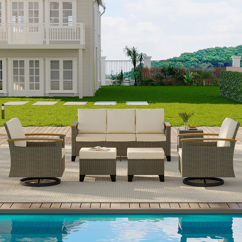 6-Piece Wicker Patio Conversation Set with Swivel Glider Chairs, Sofa, Ottomans & Side Table