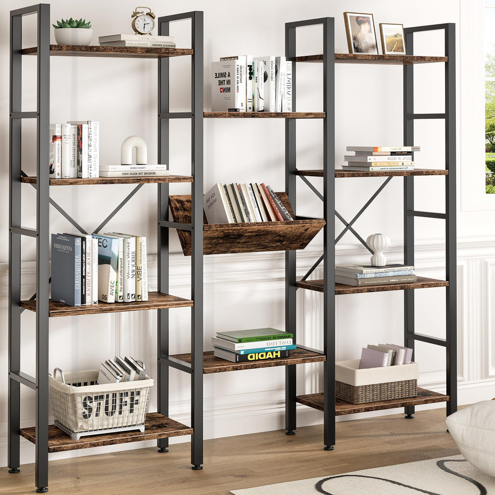 4-Tier Triple Wide Bookshelf with 11 Open Shelves