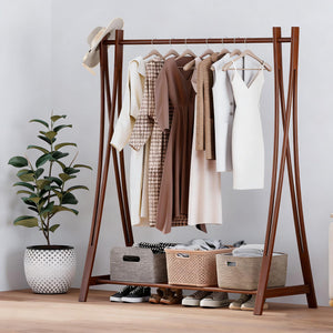 Freestanding Wood Clothes Rack with Storage Shelf – 52"W x 57"H