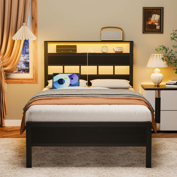 Platform Bed Frame with LED Lights & Charging Station